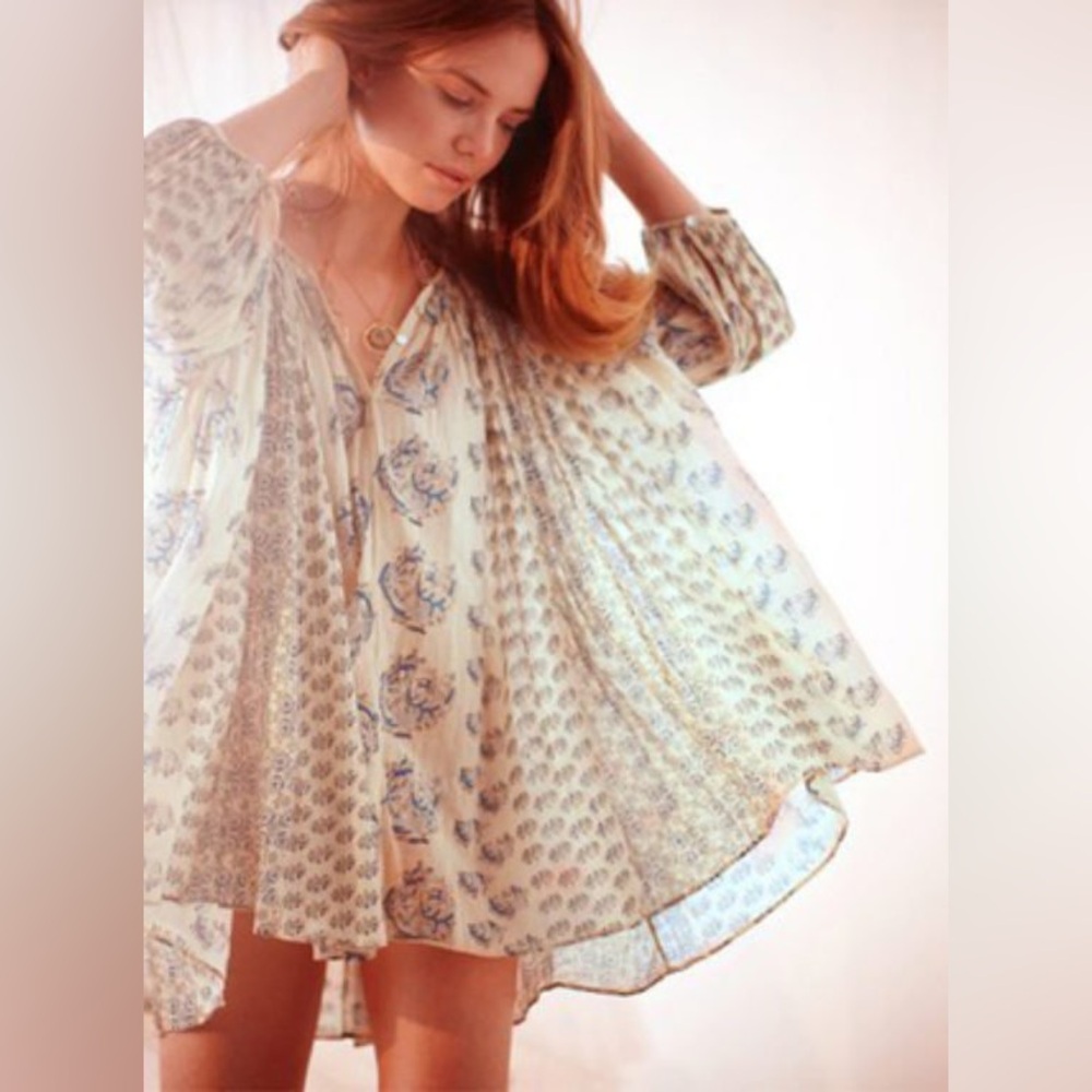 Anthropologie CALYPSO St Barth India Block Print Tunic Blouse Oversized 0 S M